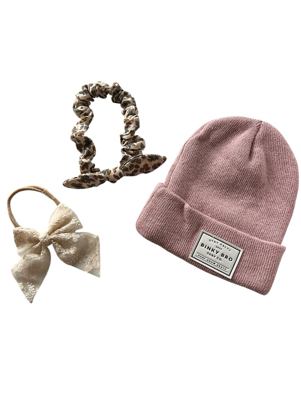 Pink Knit Beanie with Cream Bow Headband & Floral Headband